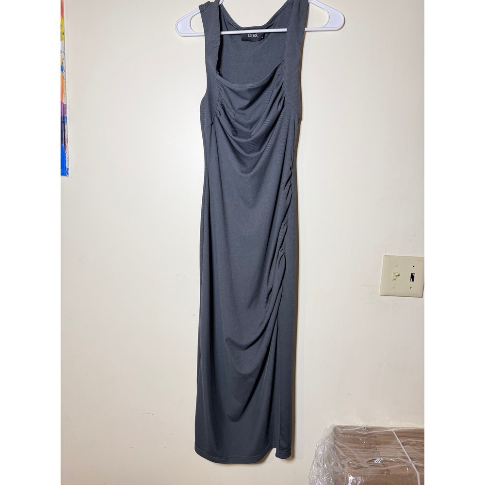 Cider Charcoal Grey Ribbed Ruched Square Neck Midi Bodycon Dress Womens Small